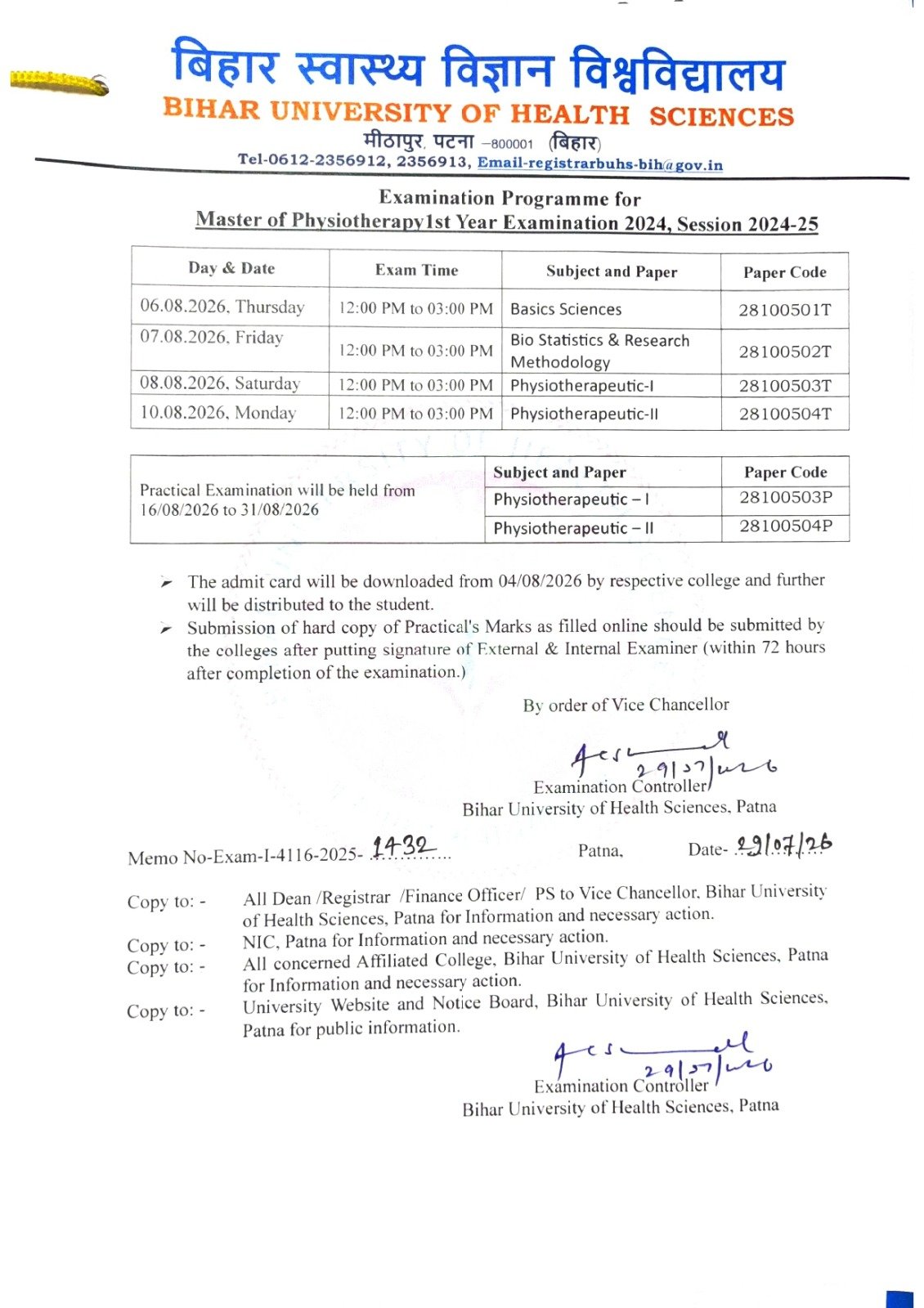 Examination Time Programme