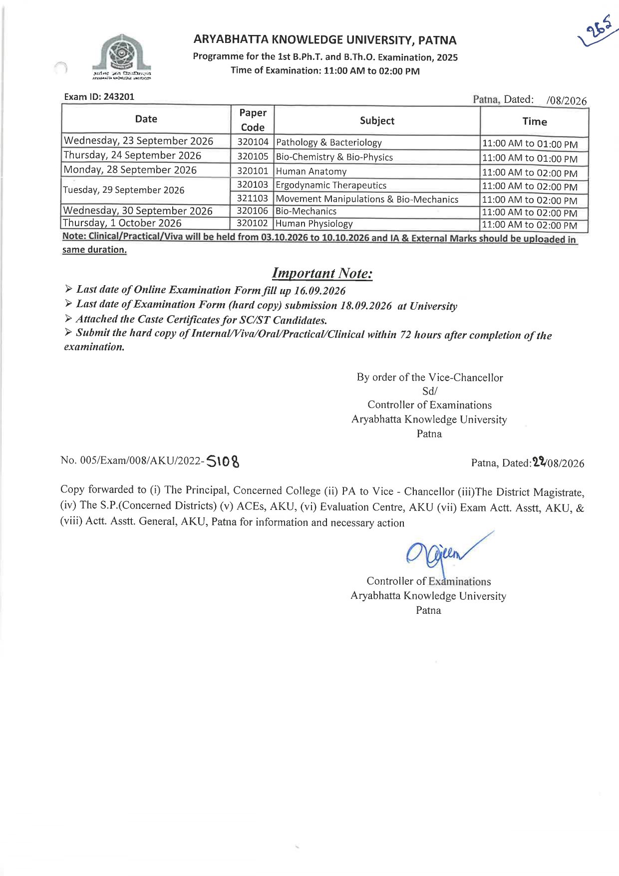 Programme for the 1st B.Ph.T. and B.Th.O. Examination, 2025