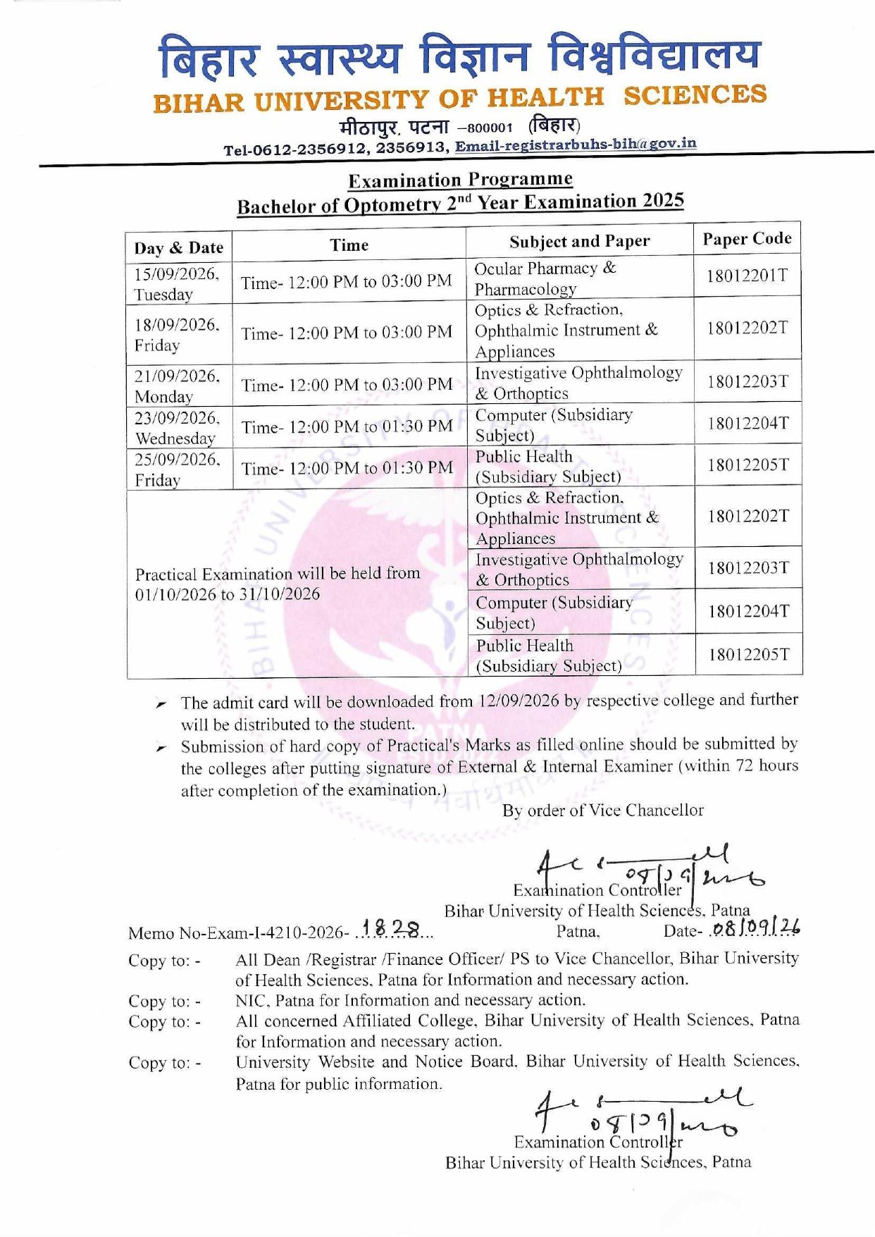 Examination Programme Bachelor of Optometry 2nd Year Examination 2025