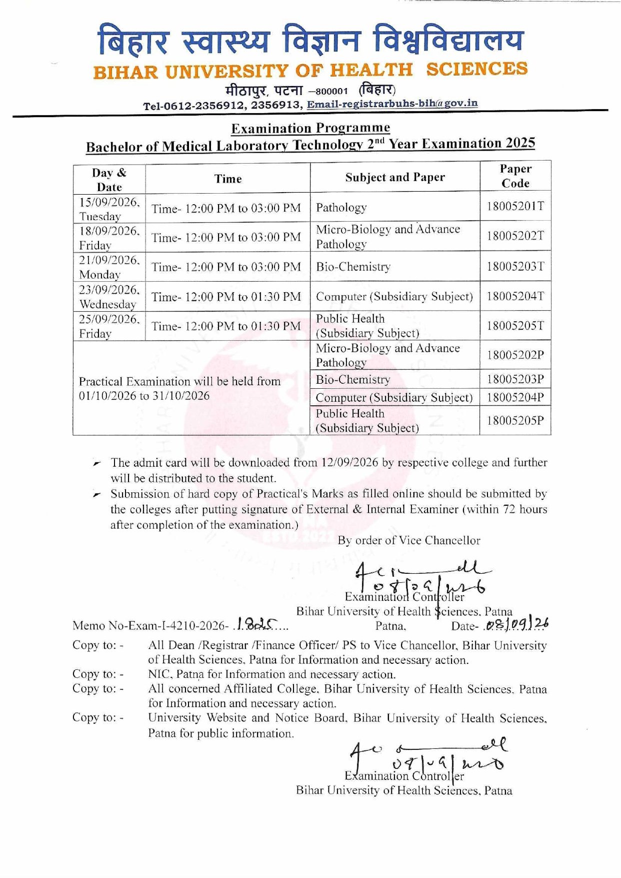 Examination Programme Bachelor of Medical Laboratory Technology 2nd Year Examination 2025